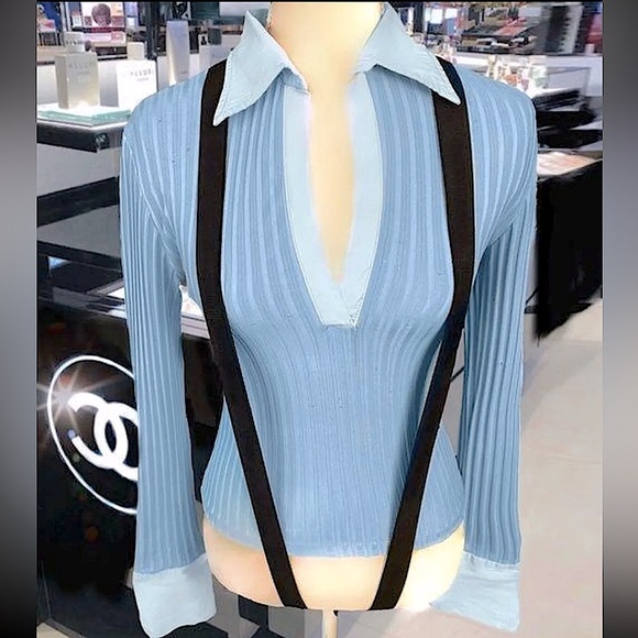 Y2K 1990’s Vintage Blue Cuffed Collar Tee w/ black suspenders - Picture 13 of 16